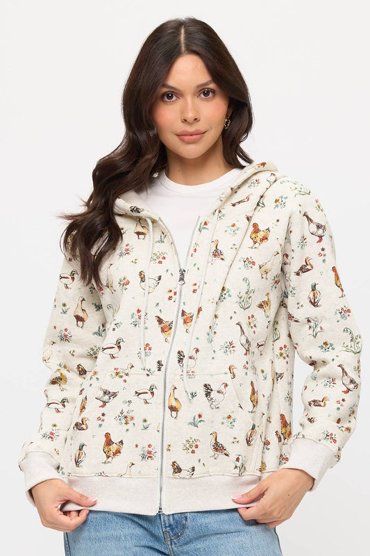 Chickens Floral Print Zip Up Hoodie