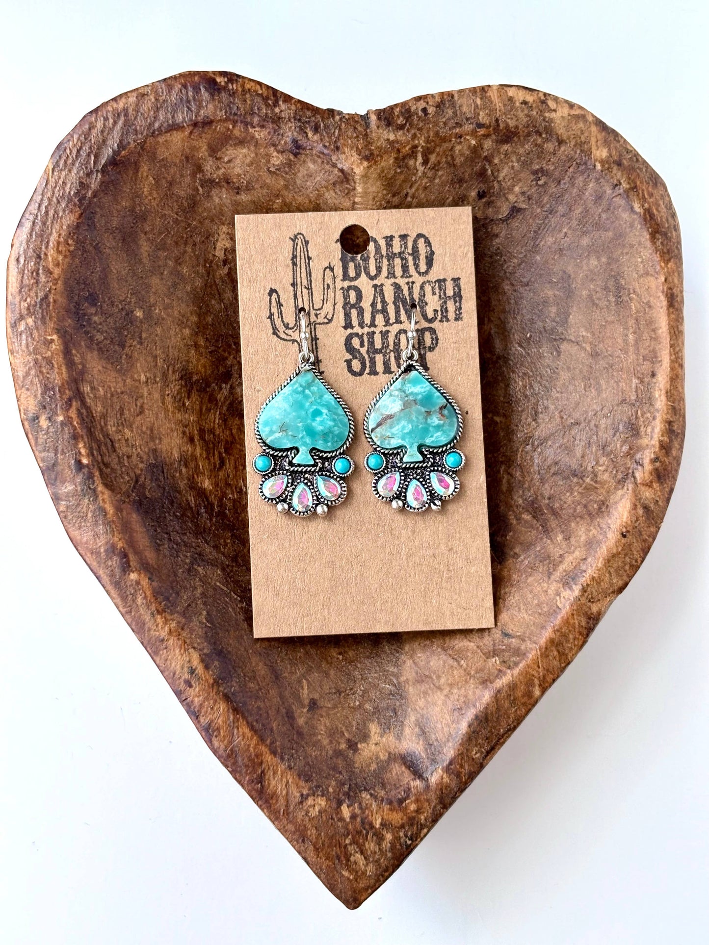 Spade Turquoise Stone & Rhinestone Dangle Earrings