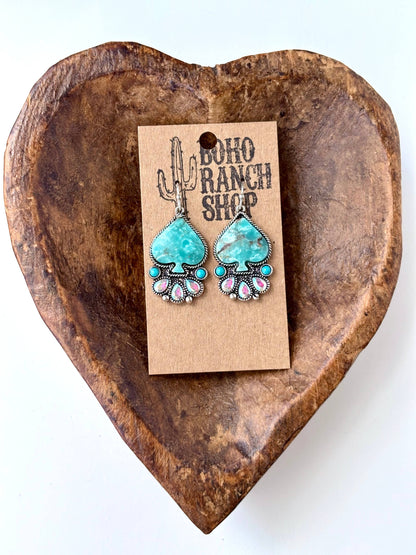 Spade Turquoise Stone & Rhinestone Dangle Earrings