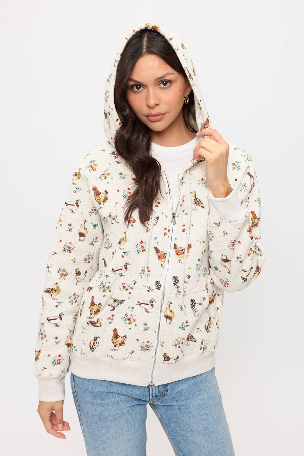 Chickens Floral Print Zip Up Hoodie