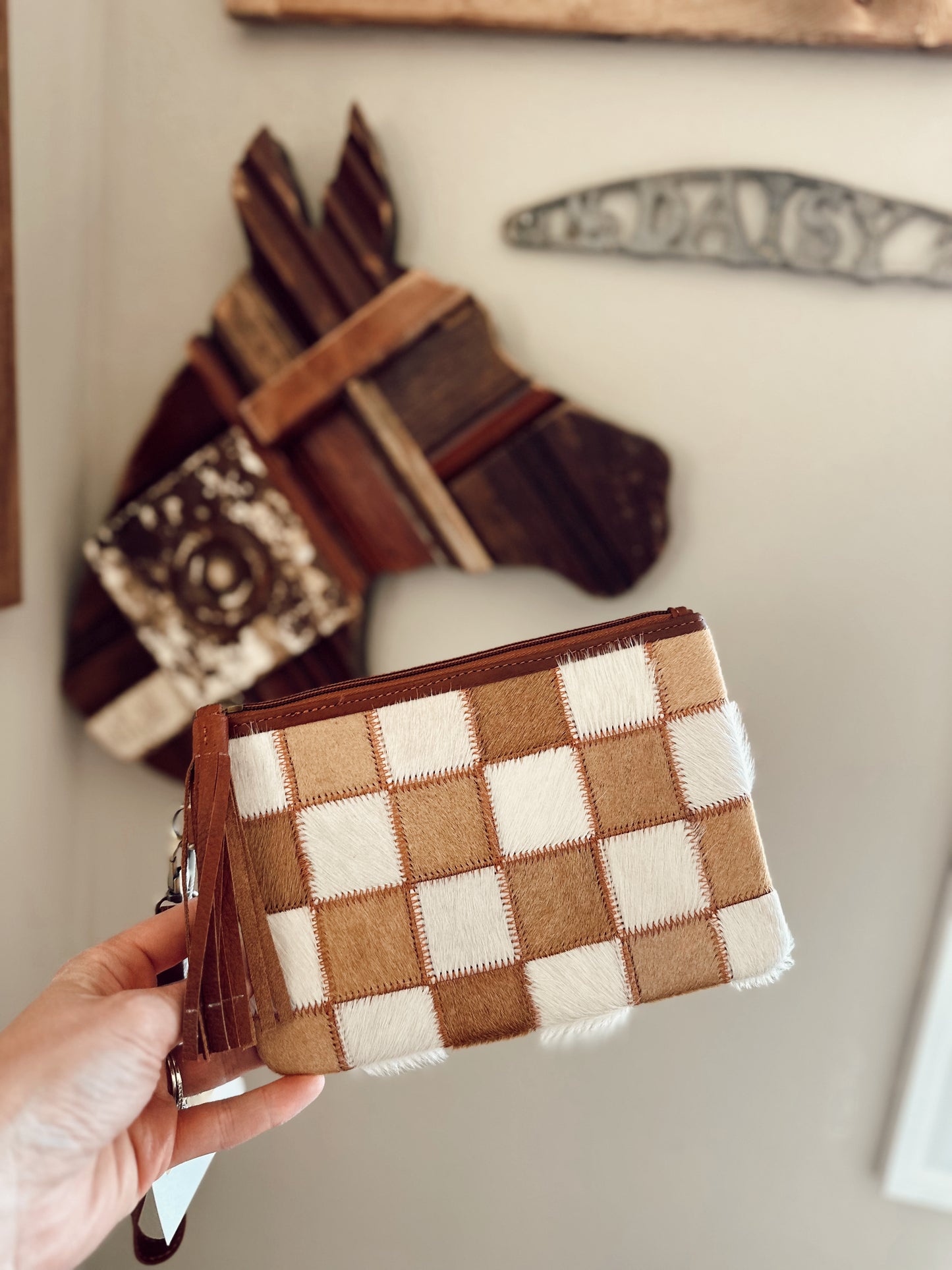 Stockdale Checkered Cowhide Wristlet