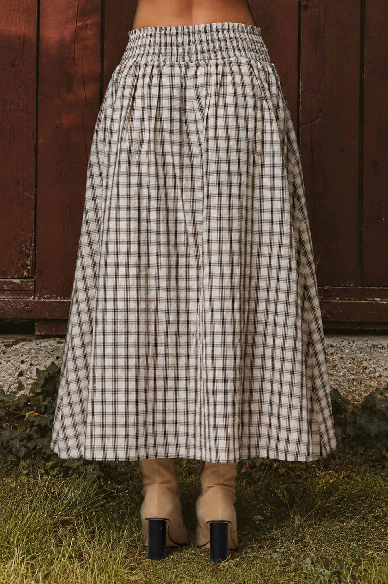 Plaid Smocked Midi Skirt