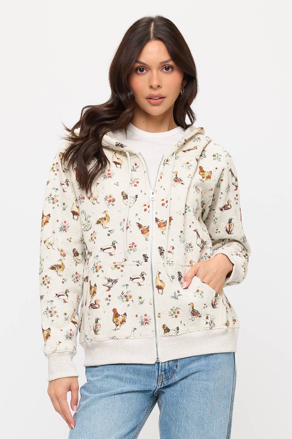 Chickens Floral Print Zip Up Hoodie