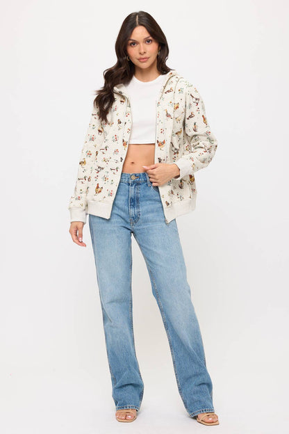 Chickens Floral Print Zip Up Hoodie