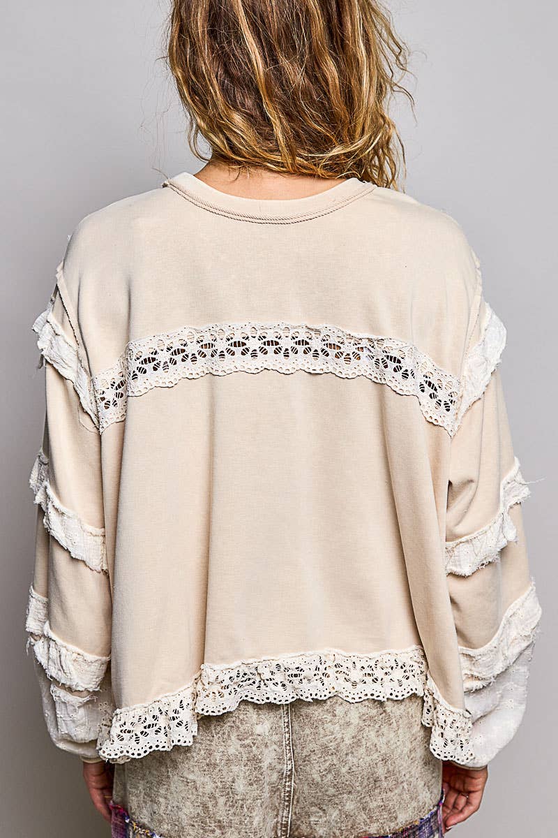 POL Raw Edge Crochet Trim Pullover