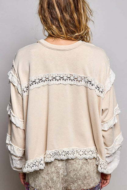 POL Raw Edge Crochet Trim Pullover