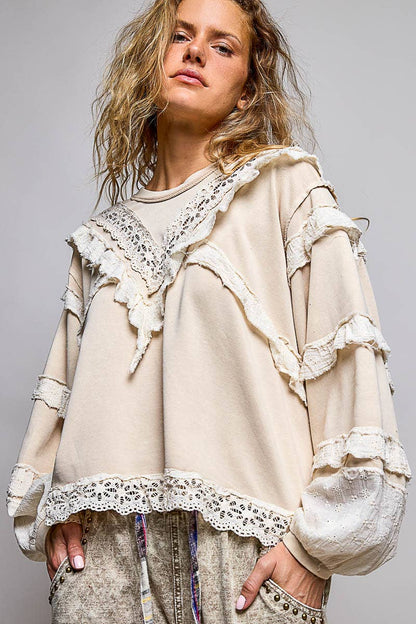 POL Raw Edge Crochet Trim Pullover