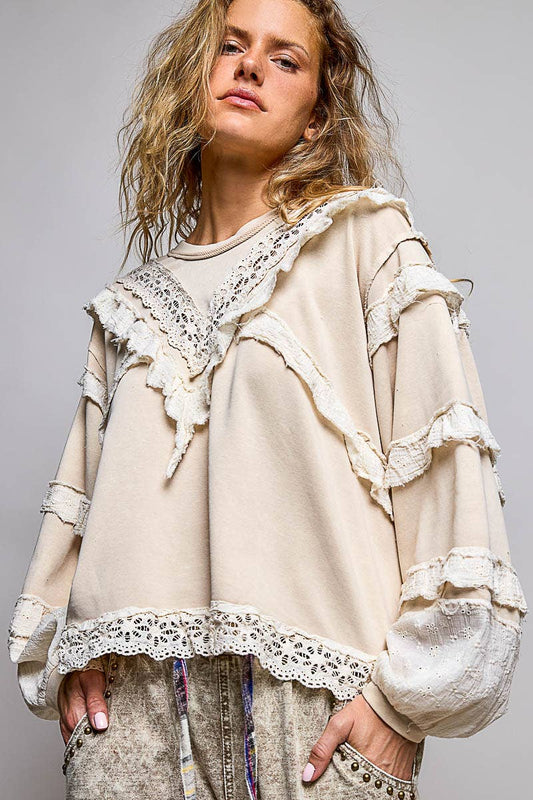 POL Raw Edge Crochet Trim Pullover