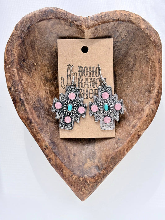Aztec Cross Turquoise & Pink Earrings
