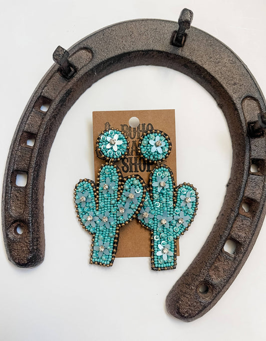 Turquoise Beaded Cactus Flower Earrings