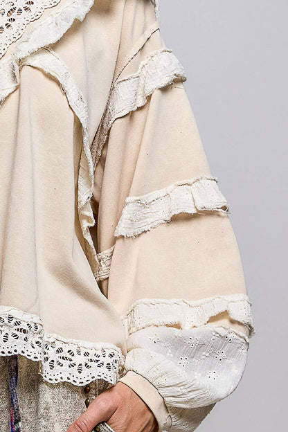 POL Raw Edge Crochet Trim Pullover