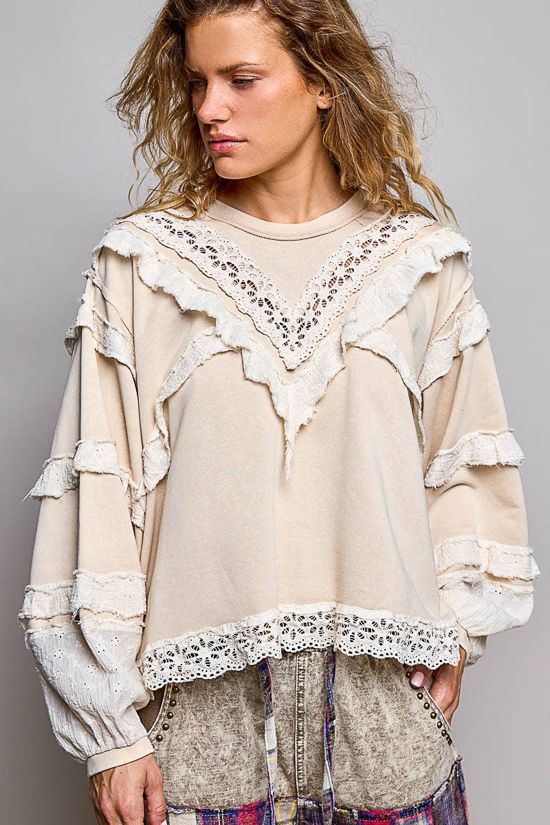 POL Raw Edge Crochet Trim Pullover
