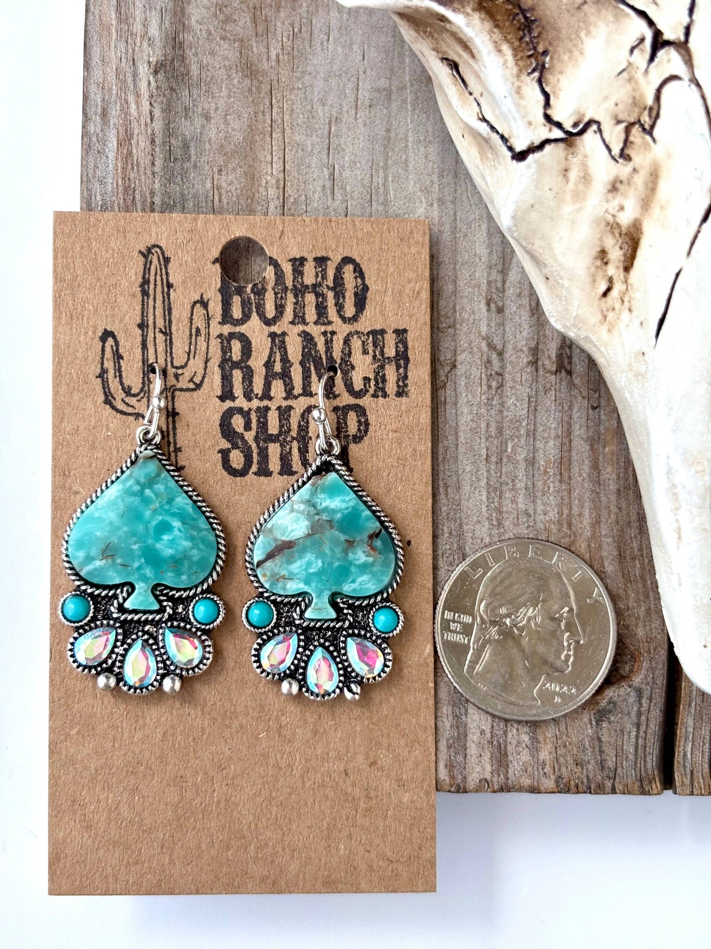Spade Turquoise Stone & Rhinestone Dangle Earrings
