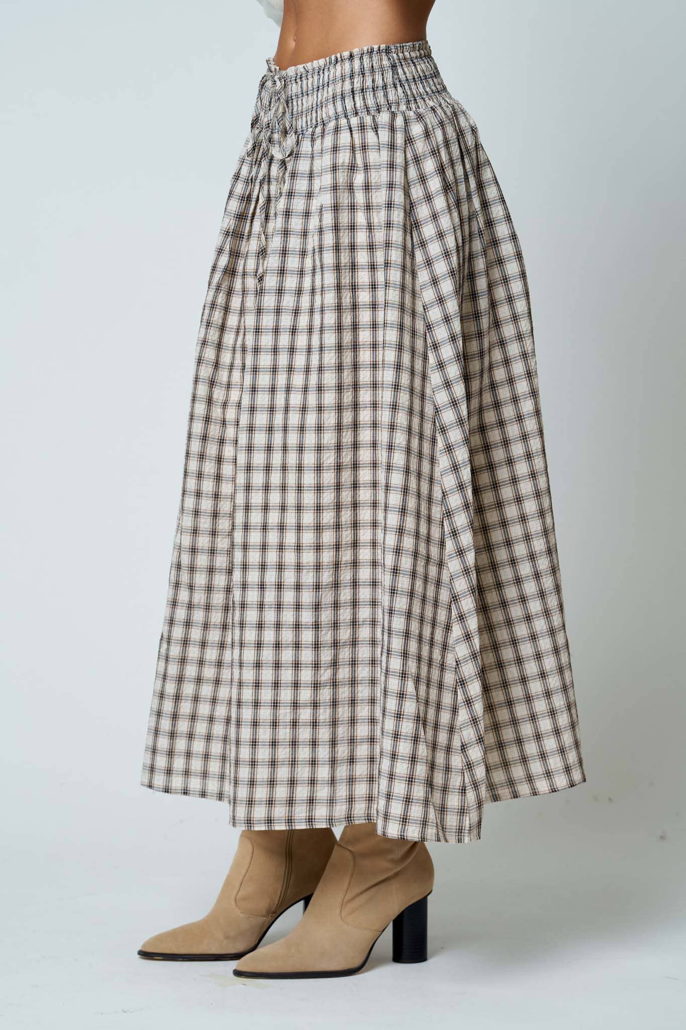 Plaid Smocked Midi Skirt