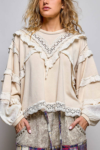 POL Raw Edge Crochet Trim Pullover