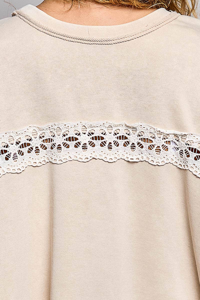 POL Raw Edge Crochet Trim Pullover