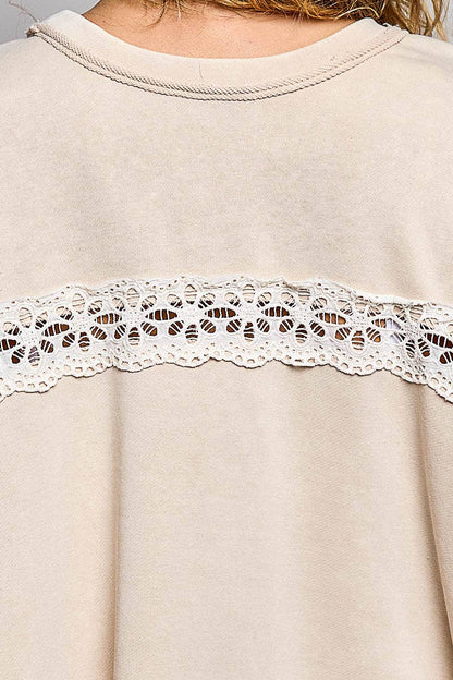 POL Raw Edge Crochet Trim Pullover