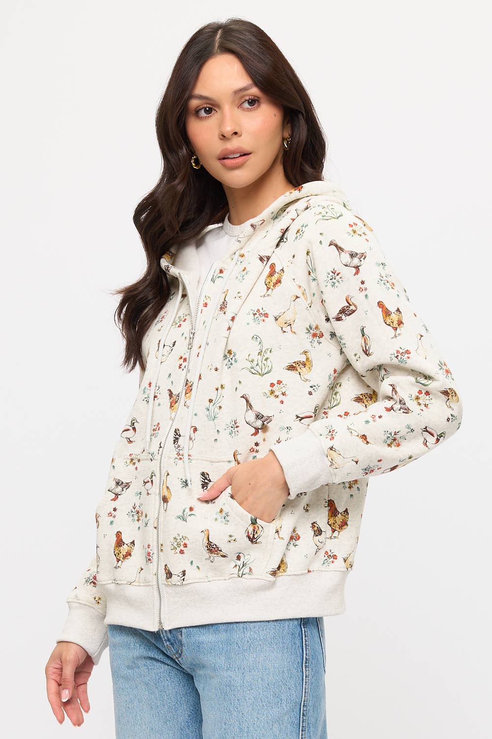 Chickens Floral Print Zip Up Hoodie