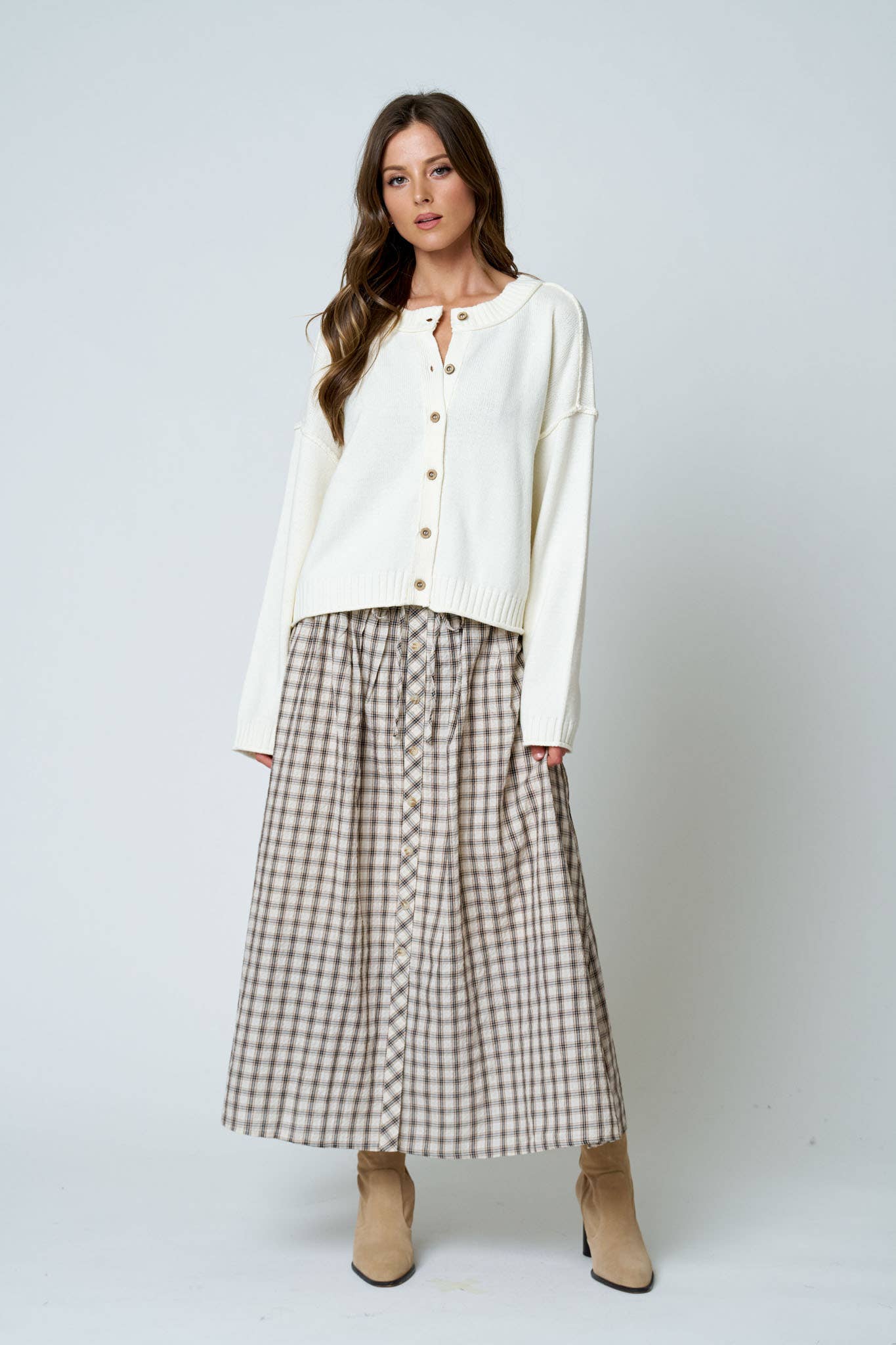 Plaid Smocked Midi Skirt