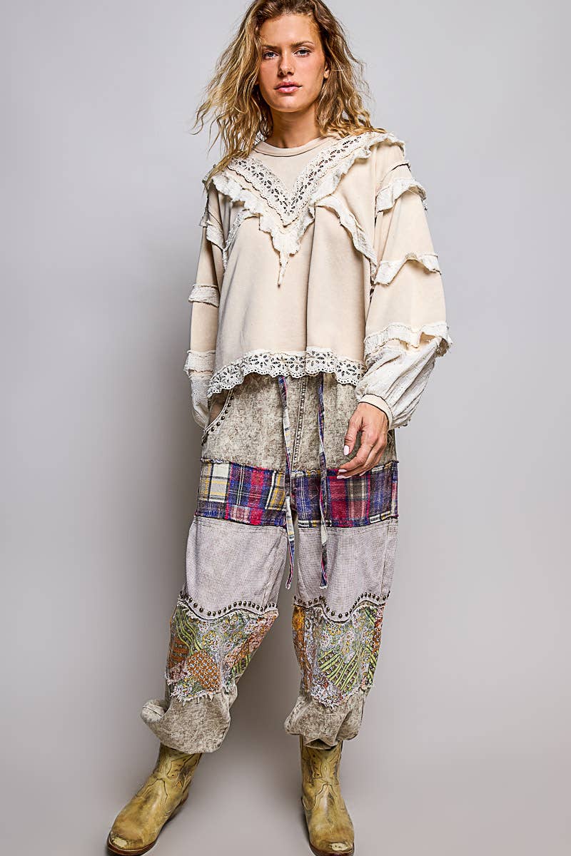 POL Raw Edge Crochet Trim Pullover