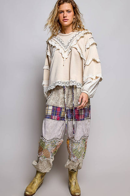 POL Raw Edge Crochet Trim Pullover