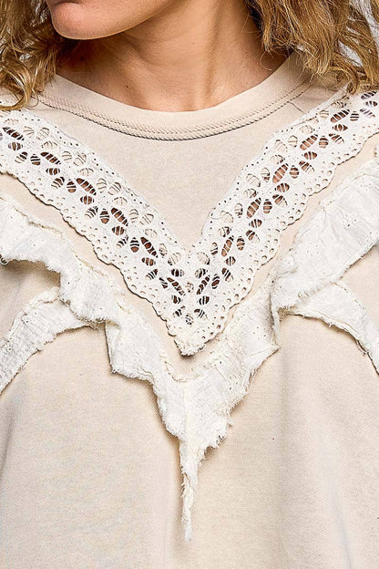 POL Raw Edge Crochet Trim Pullover