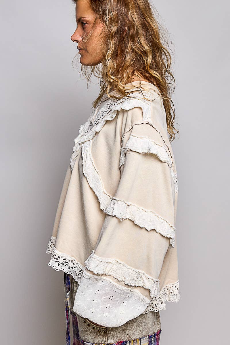 POL Raw Edge Crochet Trim Pullover