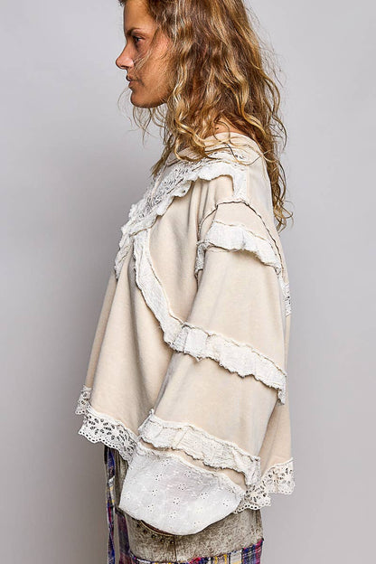 POL Raw Edge Crochet Trim Pullover